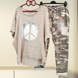 Womens Two Piece Pants 1 Set Tshirt Sets Tracksuit Camouflage Irregular Hem Drawstring Summer Outfit ensemble femme 230208