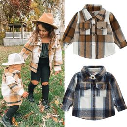 Jackets FOCUSNORM 4 Colors 04Y Toddler Kids Girls Boys Shirts Jacket Plaid Patchwork Printed Long Sleeve Single Breasted Wool Coats 230208