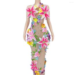 Stage Wear Women Night Out Flower Dress Sexy Mesh See Through Evening Costume Hollow Waist Performance Dance Show Celebrate Outfit