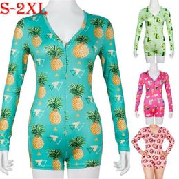 Women's Jumpsuits & Rompers Hirigin Womens Sexy V-Neck Jumpsuit Long Sleeves Bodycon Casual Fruit Printed Sleepwear Female Shorts Leotard