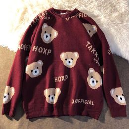 Women's Sweaters Year's Cute Bear Wine Red Sweater Spring Couple Outfit Loose Wild Pullover For Men And Women 2023 Net