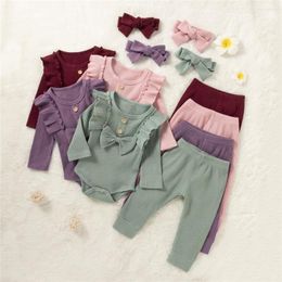 Clothing Sets Baby Girl Solid Color Knitted Clothes Bow Ruffle Bodysuit Romper Pants Headband 0-24M Born Infant Toddler Casual Outfits