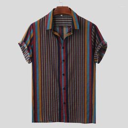 Men's Casual Shirts Shirt Colorful Stripe Summer Short Sleeve Buttons Hawaiian Camisa Masculina Loose Blouse For Men Sybi22