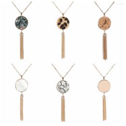 Chains Round Disc Abalone Shell Pendant Necklace Leopard Long Fringe Tassel For Women