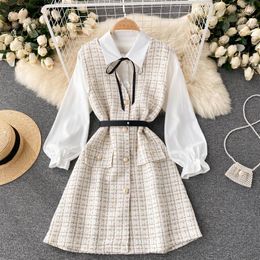 Casual Dresses Autumn Style Suit Women's Bubble Sleeve Shirt Strap Dress Luxury Designer Two Piece Elegant Skirt Set Female Outfit