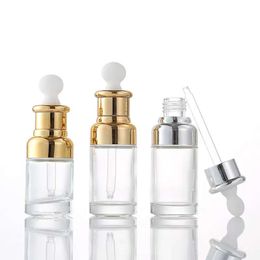 50Pcs 20ml 30ml Glass Serum Gold Bottle 50ml Transparent Clear Cosmetic Essential Oil Packaging Dropper Silver Bottles with Plastic Plug Tall Containers