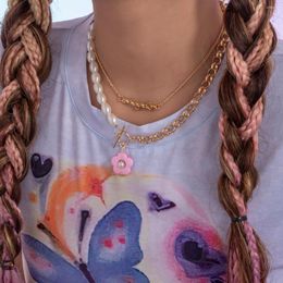 Chains Cute Pink Enamel Flower Pendant OT Buckle Collar Necklace Multi Layer Pearl Alloy Joint Chain Women Girl Choker Jewellery