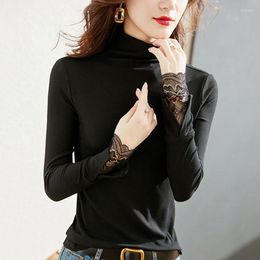 Women's Blouses Autumn Turtleneck Black Blouse Women Long Lace Sleeve T-shirts Fashion 2023 Casual And Winter Tops Elegant Clothes 24013