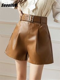 Women's Shorts Seoulish PU Faux Leather with Belted 2022 New Autumn Winter High Waist Wide Leg Pants Female Office Trousers Y2302