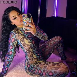 Women's Jumpsuits Rompers FCCEXIO Sexy Snake Print Jumpsuits Women Summer Bodycon Fitted Outfits Button Stretchy Coloful Rompers Long Sleeve 230208