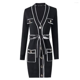 Casual Dresses Amandina Luxe Black White Long Sleeve Gold-tone Buttons Belted Sweater Cardigan Dress