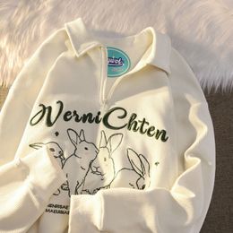 Women's Hoodies Sweatshirts Milk rabbit embroidered waffle POLO collar sweater women's early autumn thin Korean version loose all-match top trendy y2k 230208