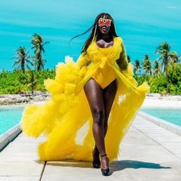 Casual Dresses Bright Yellow African Tulle For Women Robes Birthday Po Shoot See Through Dress Party