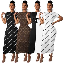 2024 Designer Dresses Summer Women Short sleeve bodycon maxi dress 2X Fashion black white panelled Print Skirt Sexy Night Club Party Wear Spring Clothes 2780-7