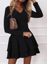 Casual Dresses Black Skater Dress Women Long Sleeve V Neck Hem Ruffle Swing Short Ladies 2023 Solid Party Frocks