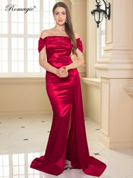 Party Dresses Off the Shoulder Ruched Long Satin Maxi Evening Dress with Ribbon Pleated Leg Split Formal Prom Gown Elegant Women's Spring 2023 230208