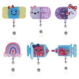 10 Pcs/Lot Key Rings Cartoon Bandage Pill Rainbow Syringe Bling Glitter Acrylic Retractable Badge Reel With Alligator Clip For Office Nurses Doctors