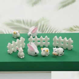 Other 20Pcs Components Style Cute Rabbit Easter Decoration Miniature Fence Dairy Cow Hare Animal Figurine Resin Craft Mini Bunny Gard Dhdkl