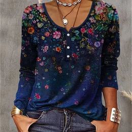 Womens TShirt Vintage Flower Mang Button U Collar Tshirt Women Elegant Casual Pullover Tees Autumn Loose Splicing Long Sleeves Tops 230207