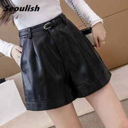 Women's Shorts Seoulish 2021 New Winter PU Leather With Belted Fashionable High Waist Pockets Casual Wide Legged Trousers Y2302