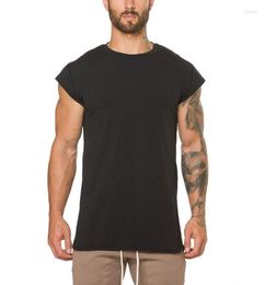 Men's T Shirts Fitness Shirt Men Fashion Extend Long Summer Gyms Short Sleeve Solid Colour Tee Cotton BodybuildingTops