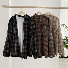 Women's Blouses Ladies Simple Trendy Shirt Plaid Oversized Brown Top Lapel Collar Casual Fashion Loose Wild Long Sleeve Soft Y2k 2023