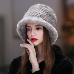 Women's Real Mink Fur Hat Knitted Bucket Hat Bowler Hat Warm Outdoor Ski Cap Beanies