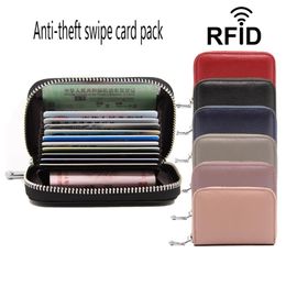 Top layer cow-leather organ bag RFID anti-theft female card clip man card bag multi-function zipper pocket266N