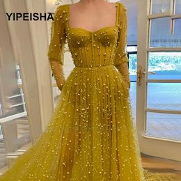 Party Dresses Gorgeous Beaded Pearls Prom Long Sleeves Golden Rattan Square ALine Exposed IIIusion Evening 230208