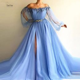 Party Dresses Blue Off The Shoulder Evening Bubble Long Sleeved Neckline Prom Gowns for Women Night Vestidos De Novia 230208