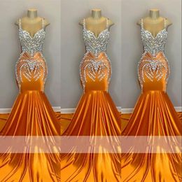 Mermaid Prom Dresses Orange Sier Crystal Beading Plus Size Arabic Sheer Neck Illusion Sleeveless Evening Formal Party Gowns Sweep Train