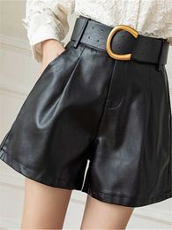 Women's Shorts Black green PU leather with belt 2023 new fashion pocket elegant casual shorts Trauss women's autumn and winter P230606