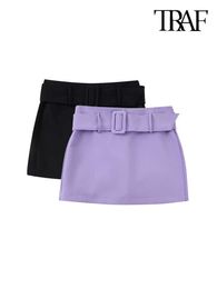 Women's Shorts TRAF Women Fashion With Belt Low Rise Skirts Vintage Side Hidden Zipper Female Skort Mujer Y2302