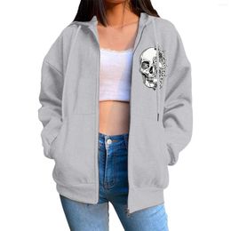 Women's Hoodies Women Gothic Print Hoodie With Drawstring Zip Up Pocket Long Sleeve Coat Loose Teen Girls Jacket