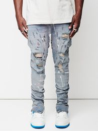 Men s Jeans Design Man paint Slim Fit Cotton Ripped Denim pants Knee Hollow Out Light blue for Streetwear 230207