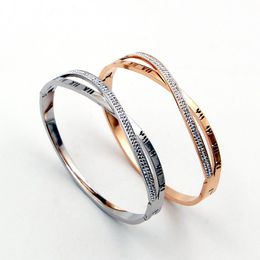 Bangle Rose Gold Color Stainless Steel Roman Numerals Bracelets For Women Fashion Crystal Bracelet Brazaletes Pulseras Jewelry