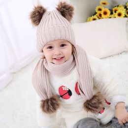 Hair Accessories Winter Baby Girls Hat Scarf Set Warm Solid Children Pompom Hats Kids Knitted Cotton Crochet Cute Hairball Cap Neck Warmer