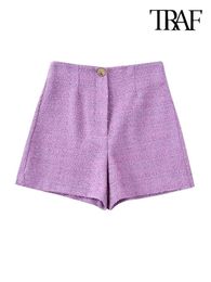 Women's Shorts TRAF Women Fashion With Gold Button Tweed Vintage High Waist Zipper Fly Female Short Pants Mujer Y2302