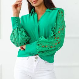 Women's Blouses 2023 Spring Green Vintage Lace Shirts Hollow Out Sexy Women Blouse Long Sleeve Mesh Design White Button Up Tops Femme 23682