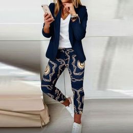 Women's Two Piece Pants Spring Autumn Fashion Geometry Print Sets Women Elegant Blazer & Pencil Suits Office Lady Casual Slim Outifits
