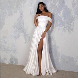 Wedding Dress Off-The-Shoulder Boat Neck Dresses For Ladies Pleat Side Slit White Satin Bridal Gowns Sleeveless 2023 Summer Vestidos