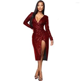 Casual Dresses Women V Neck Sequin Wrap Dress 2023 Long Sleeve Bodycon Sexy High Split Elegant Evening Party Vestido De Festa