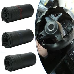 Steering Wheel Covers Top Layer Cowhide Soft Genuine Leather Braid Cover Black Double Line Hand-stitched With Needle Thread