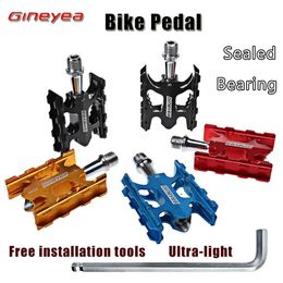Bike Pedals GINEYEA Aluminium Alloy Bike Pedal Steel 2 Sealed Bearing CNC BMX Mountain Ultra light MTB Road Bicycle Parts For Kids Adults 0208