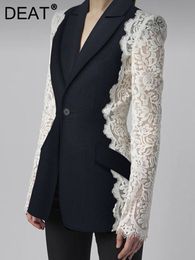 Womens Suits Blazers DEAT Fashion Blazer Notched Lace Patchwork Long Sleeve Contrast Suit Jackets Female Autumn 17A1298 230209