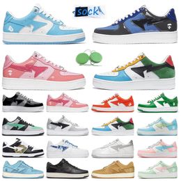 Bapestas Baped Ape Men Running Shoes Patent Leather Blue Orange Green White Black Pastel Pink Camo Beige Suede Leather Trainers Sports Sneakers Platform Shoes