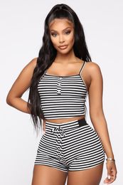 Womens Tracksuits Hirigin 2PCS Women Sleepwear Summer Casual Bodycon Striped Crop Top and Shorts Outfits Clothes Sport Pyjama Sets 230209