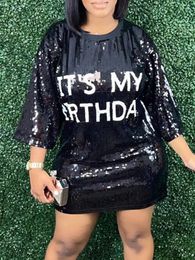 Plus size Dresses LW Plus Size Mini Dress Sequined Letter Print Drop Shoulder Straight ONeck Shiny Style Women Sexy Female Birthday Party Clubwear 230209