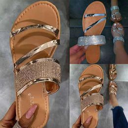 Pantofole Donna Crystal Summer Plus Size Outdoor Slides Fashion Flats Shoes Pu Laides Beach