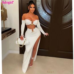 Two Piece Dress Adogirl Feathers Set Party Women Metal Ring Strapless Off Shoulder Long Sleeve Crop Top High Split Maxi Skirt 230209